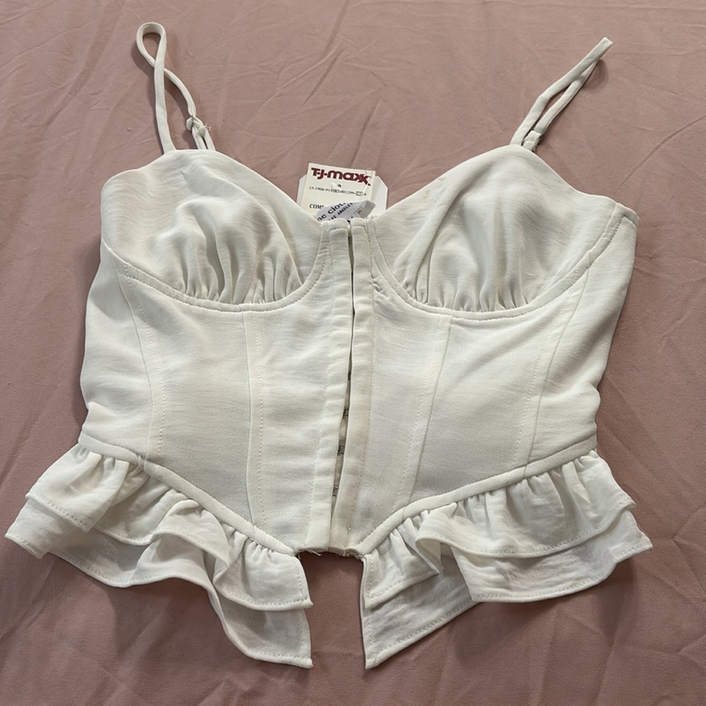 White Ruffle Bustier Top with Spaghetti Straps - Picture 2 of 4